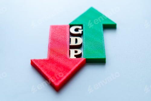 Preview: Red arrow and green arrow with wooden block letters spelling "GDP".