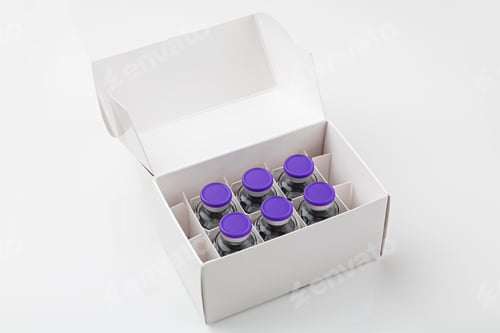 Preview: Box with Covid19 vaccines on white background, ready for vaccination.