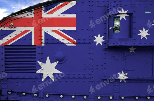 Preview: Australia flag depicted on side part of military armored tank close up