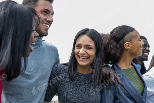 Preview: Beautiful smiling people, group of friends having fun outdoor, focus on the indian girl smiling