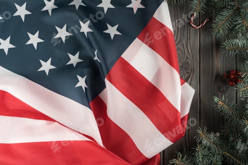 Preview: American Flag and Christmas Decor on Wooden Background