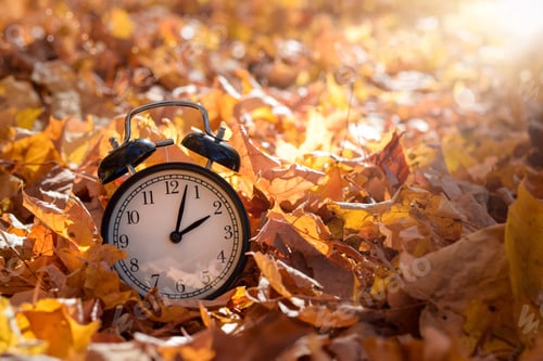 Preview: Alarm clock among golden yellow fall leaves with bright sunshine, autumn time change concept