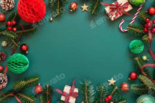 Preview: Wrapped gift boxes between Christmas decorations and green fir branches on green, copy space