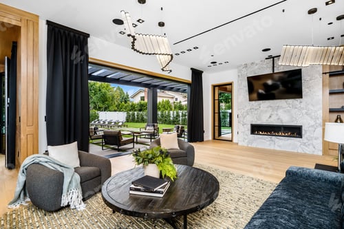 Preview: Modern living room with garden view and fireplace