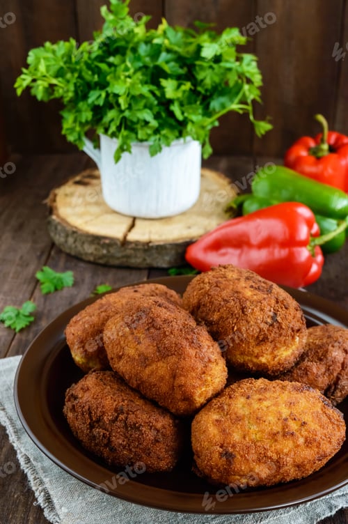 Preview: Meat mini-rolls (cutlet) with boiled egg in a clay bowl on dark wooden background.