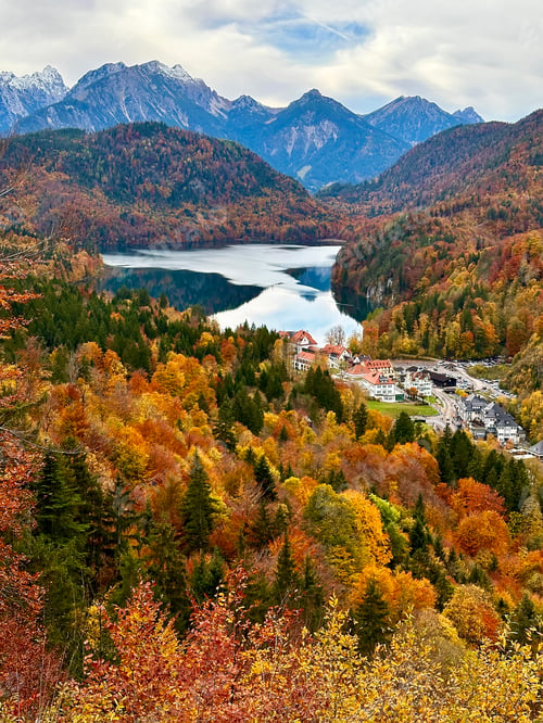 Preview: Aerial View To Autumn Landscape With Lake, Forest, Mountains And Tiny Houses In Countryside