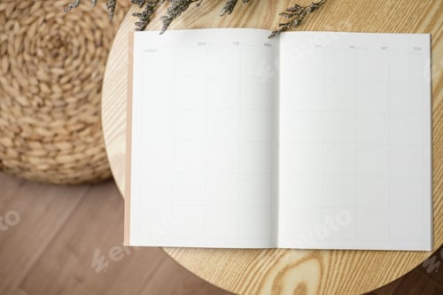 Preview: open blank calendar planner notebook with pen on wood table with sunlight