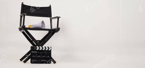 Preview: Black director chair and Clapper board with yellow megaphone on white background