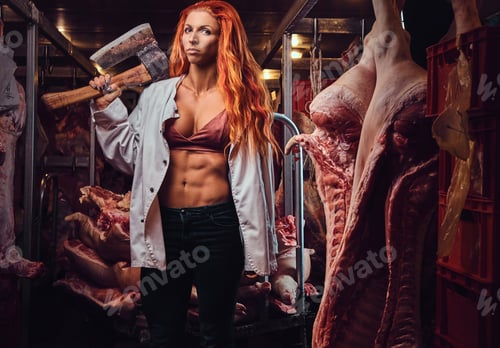 Preview: Redhead female in a meat factory.