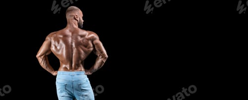 Preview: Isolated Muscular Man On A Black Background. Bodybuilding And Fitness Concept. Panorama. Mixed Media