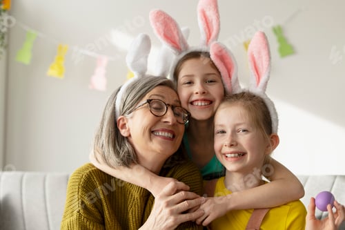 Preview: Grandmother and Granddaughters Embracing, Wearing Bunny Ears for Easter Celebration
