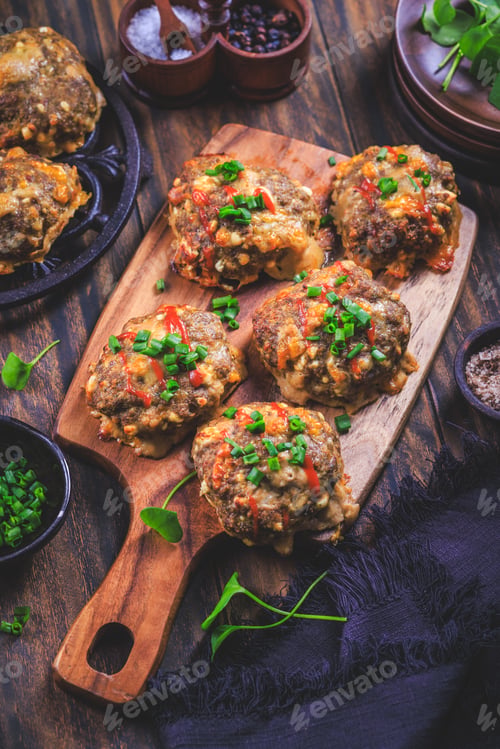 Preview: Oven baked meat balls with feta cheese and fresh herbs on cutting board