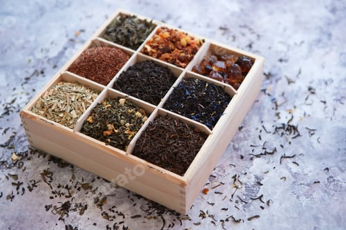 Preview: Various kind of dry tea in wooden box