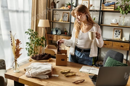 Preview: Young woman embracing sustainable living while sorting clothes for donation