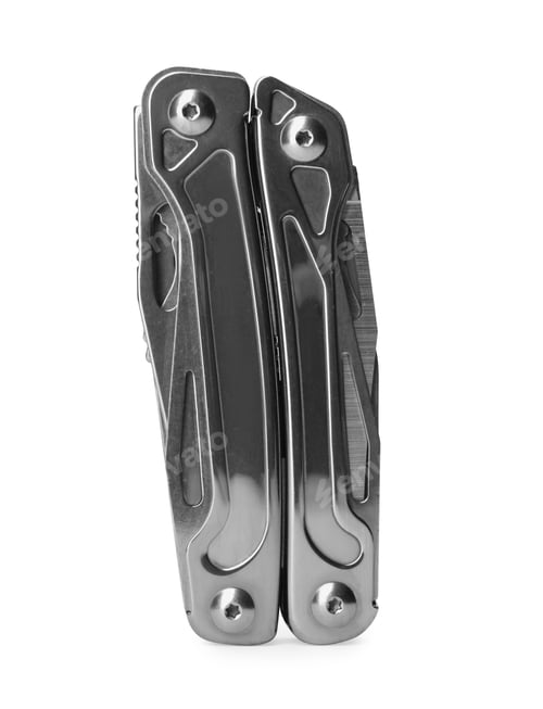 Preview: Compact portable metallic multitool isolated on white