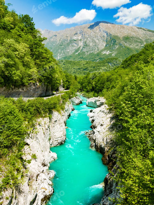 Preview: Amazing emerald river in canyon, gorge in spring, summer. Soca river, Slovenia.