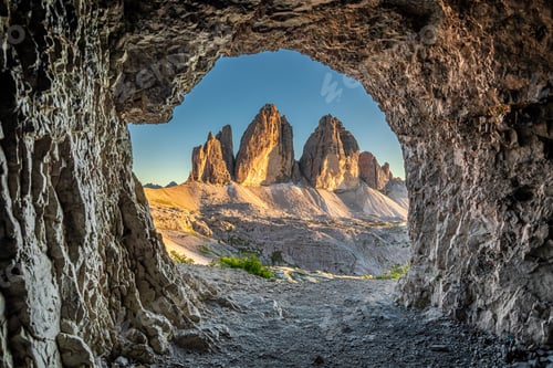 Preview: Stunning view to Tre Cime from cave, Dolomites, Europe