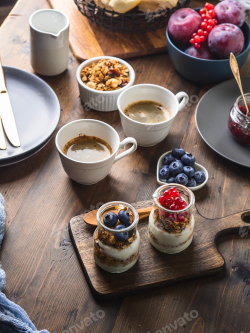 Preview: Cozy Breakfast food concept dark wooden background