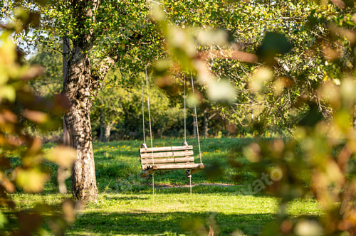 Preview: a swinging wooden bench hung in a tree with chains in the garden of a country house