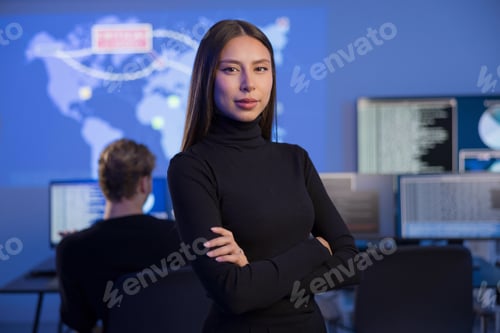 Preview: Confident Female Analyst Posing in a Cybersecurity Operation Center