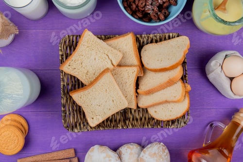 Preview: top view of white bread slices in basket plate with milk products and cookies, cereals, eggs, butter
