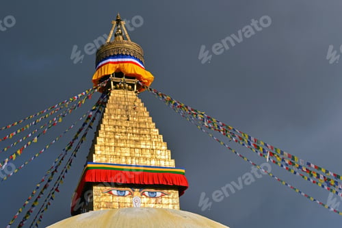 Preview: Boudhanath Buddhist stupa in late afternoon lights. Kathmandu, Nepal