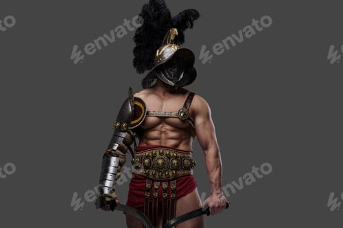 Preview: Aggressive roman gladiator with naked torso dual wielding swords