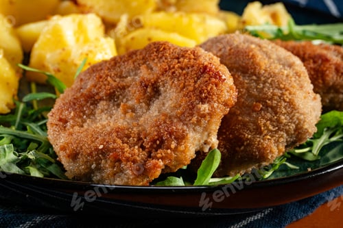 Preview: Meatballs with cheese served with boiled potatoes.