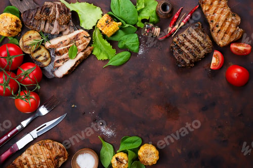 Preview: Fresh three types of grilled steak (chicken, pork, beef) on slate plate with herbs, tomato and