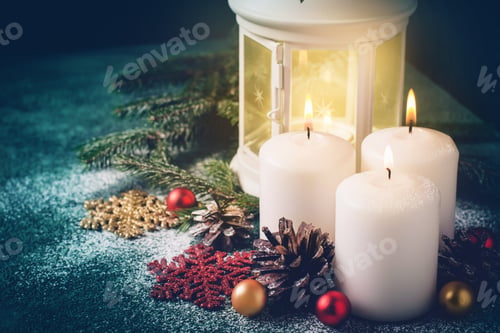 Preview: Three Christmas burning candles and lantern on dark turquoise background
