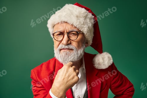 Preview: serious man dressed as Santa looking straight at camera with hand under chin, winter concept