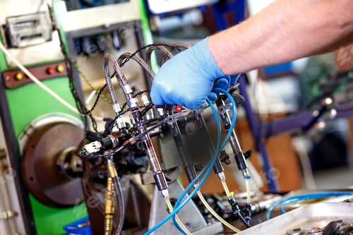 Preview: Professional mechanic testing diesel injector in his workshop.