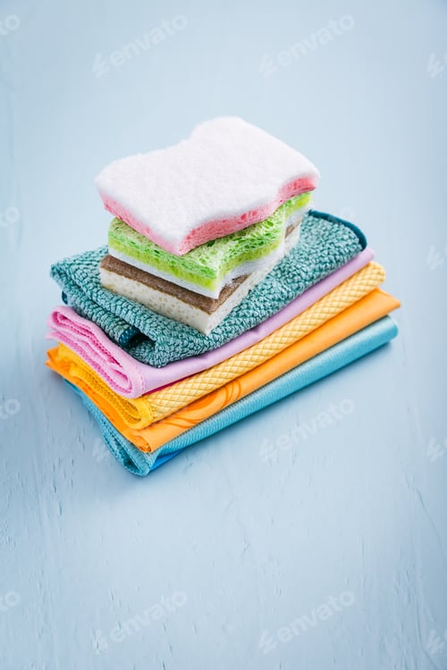 Preview: Assortment of different sponges and cleaning rags, with fiber cloth and duster microfiber cloth