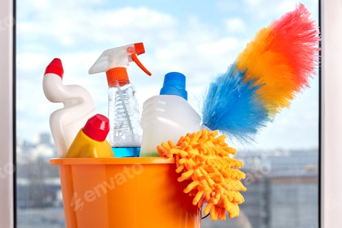 Preview: Set of cleaning products in bucket.