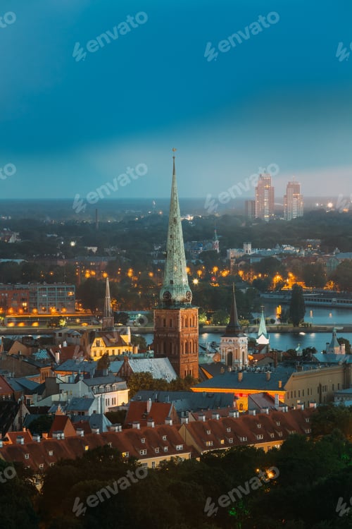 Preview: Riga, Latvia. Aerial View Of Cityscape In Summer Evening Or Nigh