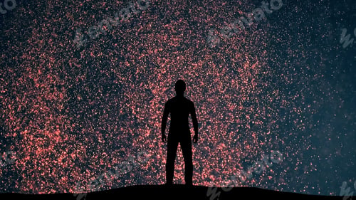 Preview: The man stands on small shimmering particles background.