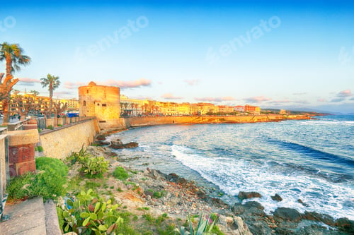 Preview: Gorgeous evening cityscape of historical part of Alghero town.