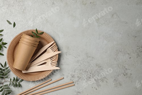 Preview: Disposable tableware and green twigs on light background, flat lay. Space for text