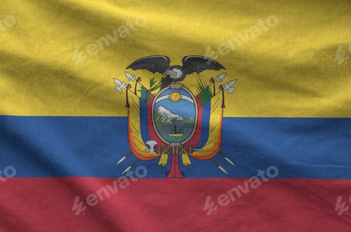 Preview: Ecuador flag depicted on folded wavy fabric of old cloth