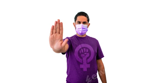 Preview: Feminist caucasian man stop hand gesture wearing shirt with woman gender sign