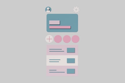 Vista previa: Composición abstracta de formas e íconos coloridos.