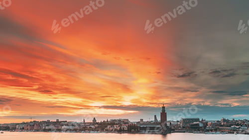 Preview: Stockholm, Sweden. Skyline Cityscape Famous View Of Old Town Gamla Stan In Summer Evening. Famous