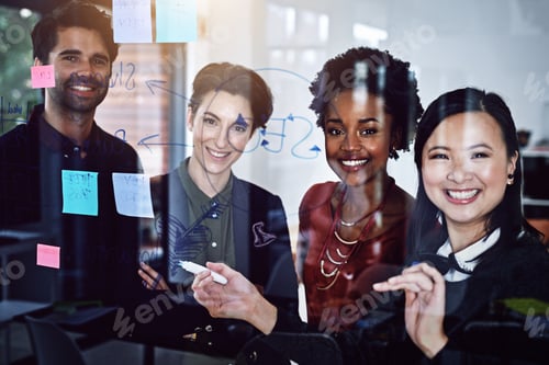 Preview: We ALWAYS plan. Cropped portrait of a group of businesspeople working on a glass wall the office.