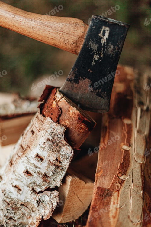 Preview: chopping fire wood, axe in a piece of firewood next to fire