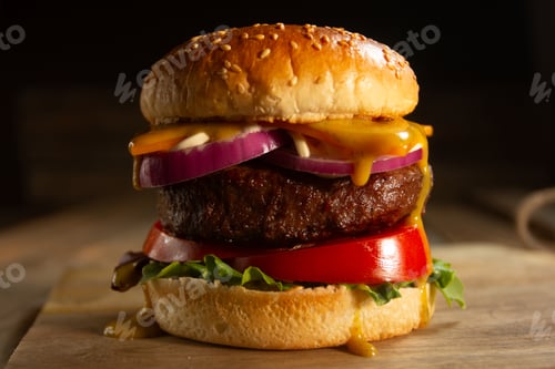 Preview: rustic hamburger with cheese and red onions