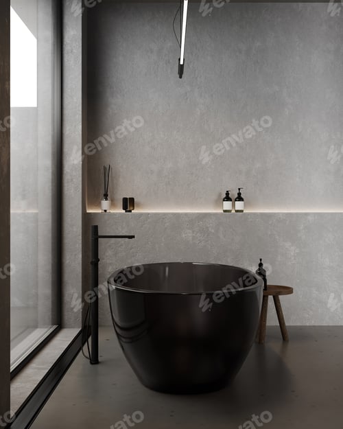Preview: Modern concrete loft bathroom with class bathtub, 3d render