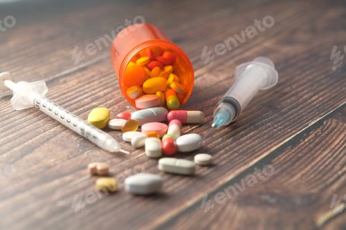Preview: the concept of drug overdose, syringe and pills on dark background, close up