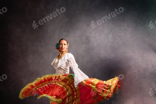 Preview: A woman in a white dress and red skirt is dancing