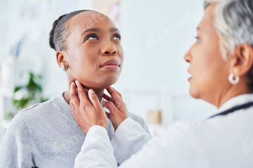 Preview: Sore throat, doctor and woman patient in hospital for virus, pain or infection. Healthcare worker a