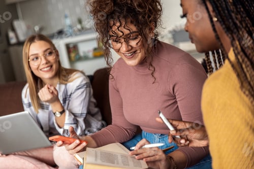 Preview: Diverse group female students learning at home using laptop and books for research.